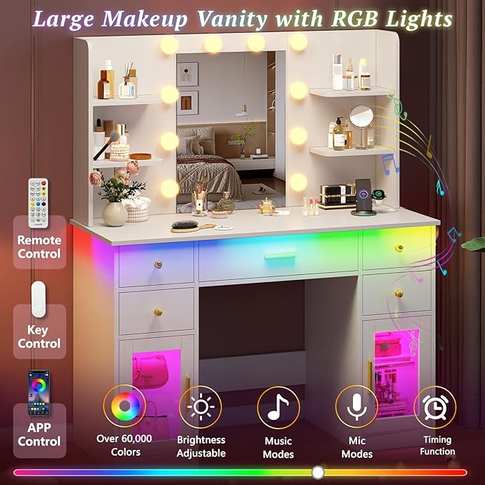 Vanity Desk with Mirror and Lights, Charging Station, Makeup Vanity with 5 Drawers & 4 Open Storage Shelves, White Vanity Table with RGB Cabinets & Hairdryer Holder, Large Dressing Table for Women