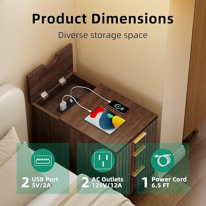 Kalrin Charging Nightstand with Hidden Outlets & 3 Drawers, Modern End Table, Bedside Table with USB Ports, Wave Groove Design, Compact Size, Heavy Duty Engineered Wood, Vintage Brown