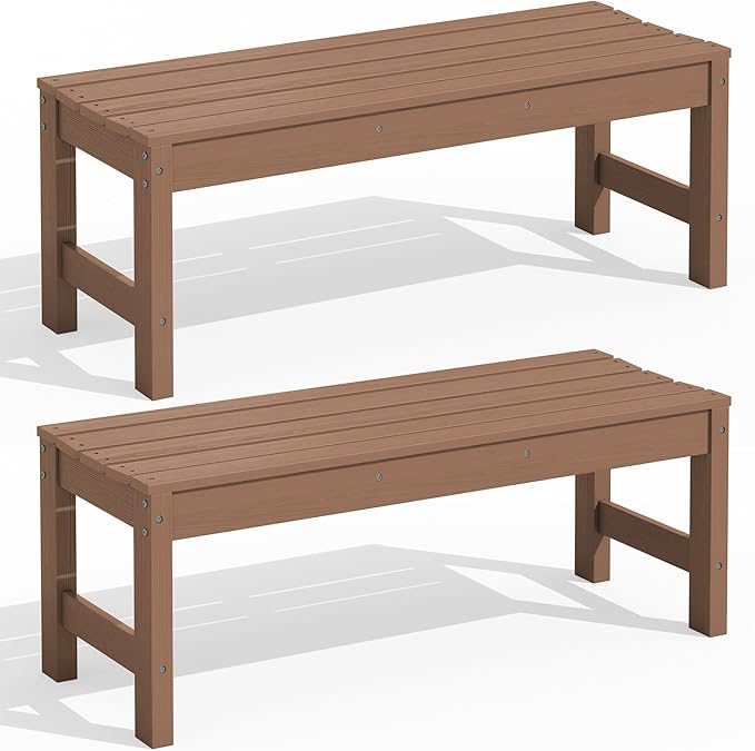 SERWALL 47 Inches Outdoor Bench Set of 2, All Weather HDPE Backless Bench with Wood Grain Texture for Garden Porch and Park, Curved Bench Seat for Comfort, Brown