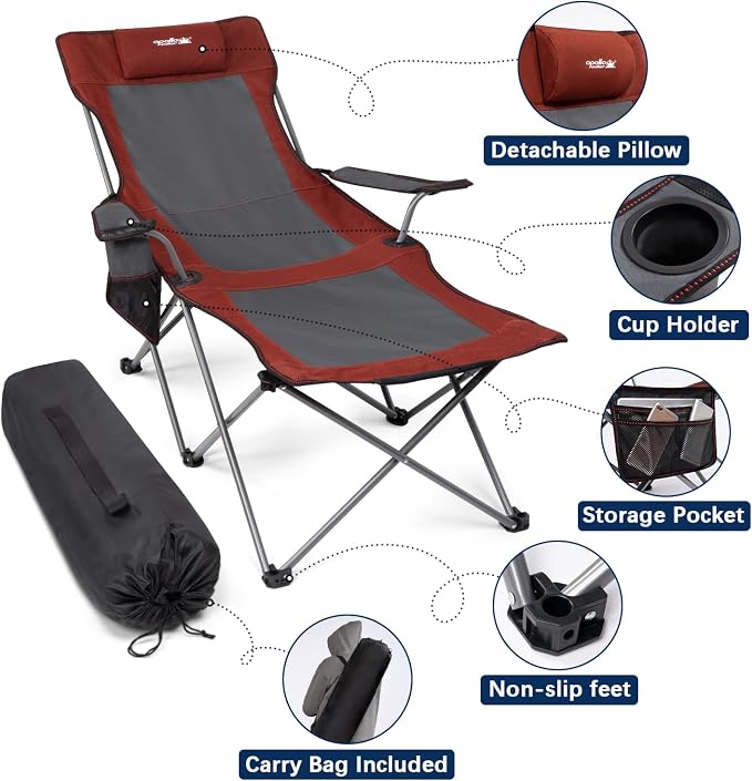 apollo walker Reclining Beach Chair, Adjustable 90-135° Backrest Camping Lounge Chairs for Adults, Folding Chair with Foot Rest & Detachable Pillow - Standard 6-Leg, Red