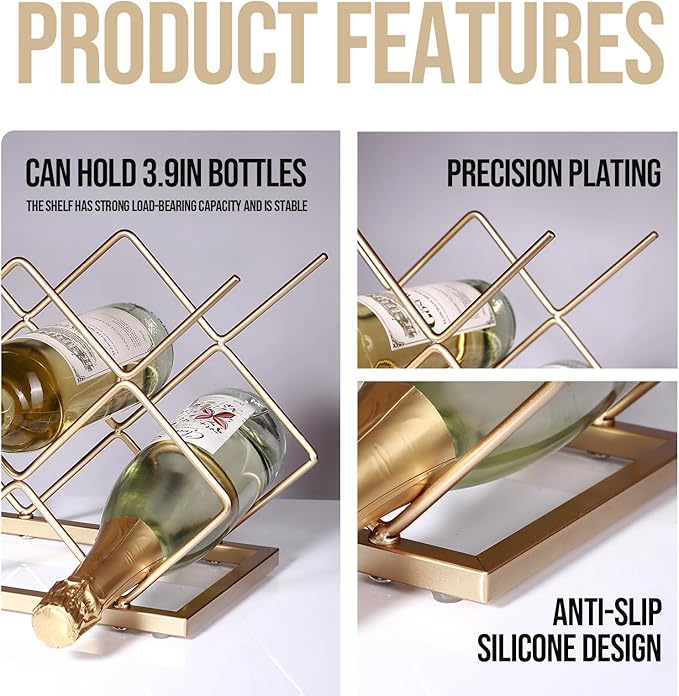 Countertop Wine Rack - 5 Bottle Freestanding Modern Gold Metal Small Wine Rack - Tabletop Wine Holder Stand for Cabinet, Pantry, Wine Bottle Storage… (Large Size-Gold 5btl)
