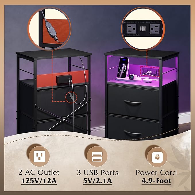 WLIVE Nightstand with Charging Station, 31.9" H Nightstand with 3 Fabric Drawers, LED Bedside Table with USB Ports and Outlets, End Table for Dorm, Bedroom, Entryway, Black