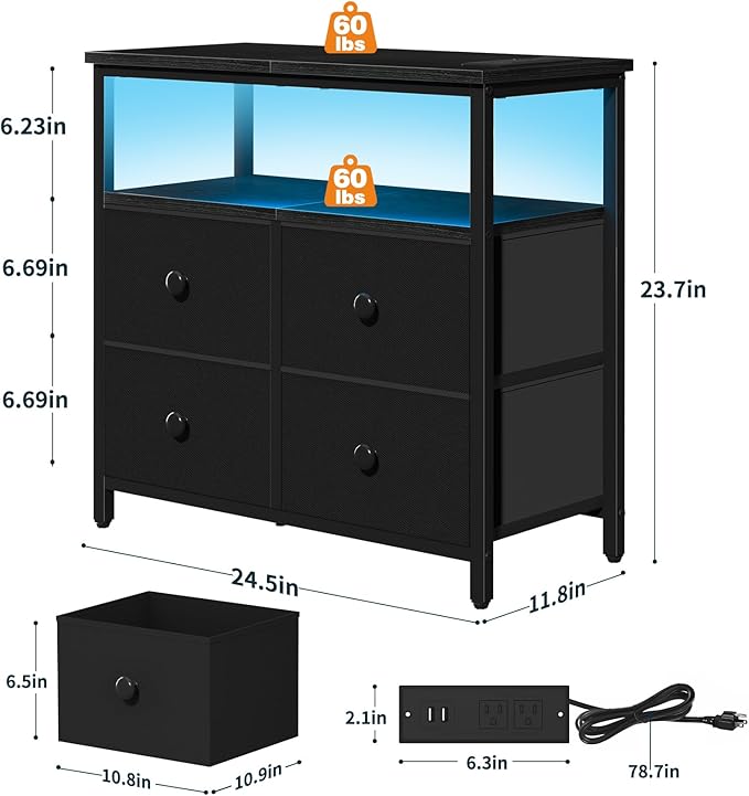 Yoobure Night Stand with Charge Station, Nightstand with 4 Drawers Bedside Table, LED Dresser with Storage Shelf, Night Stands for Bedroom, Side Table 3-Tier Wood End Table for Home, Office Black