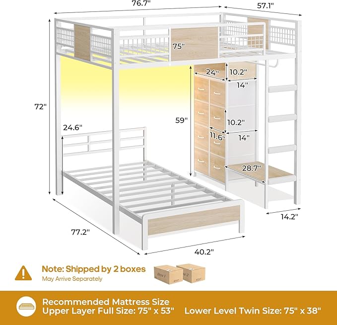 ADORNEVE Full Over Twin Bunk Bed with 8 Storage Drawers, Metal Loft Bed with Led Lights & Storage Shelves, Bunk Beds Twin over Full Size with 13.4" H Safety Guardrail & Ladder, for Kids & Teens, White