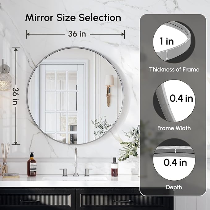 USHOWER Brushed Nickel Bathroom Mirrors for Over Sink, 36 Inch Circle Mirror with Metal Frame, Wall Mirror for Vanity, Entryway, Living Room, Hallway and Bedroom Decor
