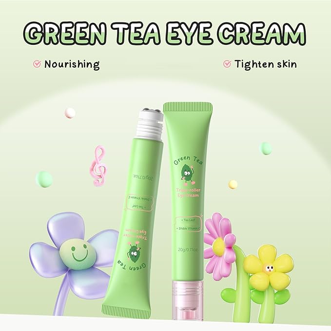 Green Tea Eye Roller Cream, Under Eye Moisturizer For Puffiness, Fine Lines and Bags, Green Tea Extract + Coffee Extract, Skin Care Eyes Repair Gel Hydrating & Cooling Formula, 0.71oz