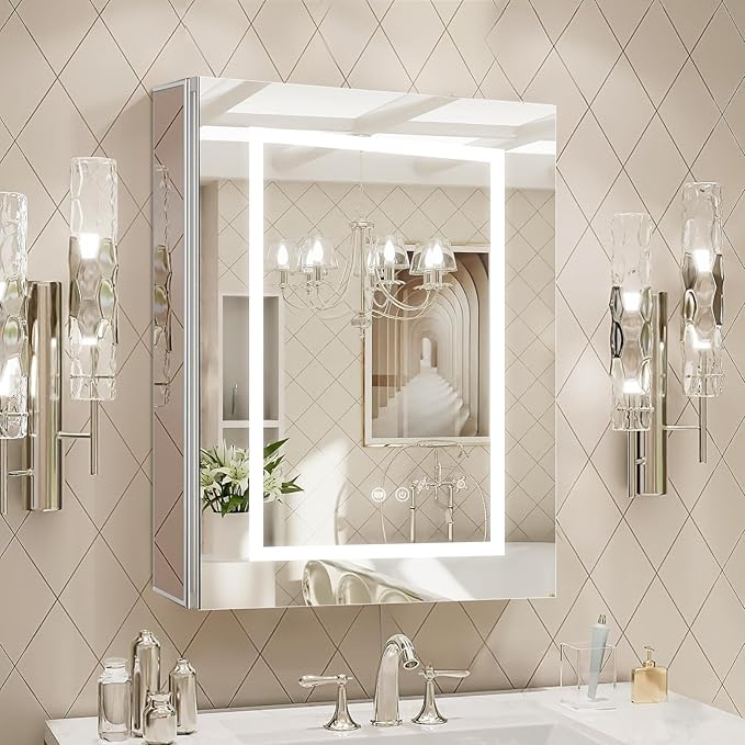 LED Medicine Cabinet,Bathroom Mirror Cabinet with Lights,16×24inch,Equip with Internal Light,Aluminum Construction,USB Shaver Socket,3 Color,Dimmer,Demister,Surface Mounted and Recess Mounted