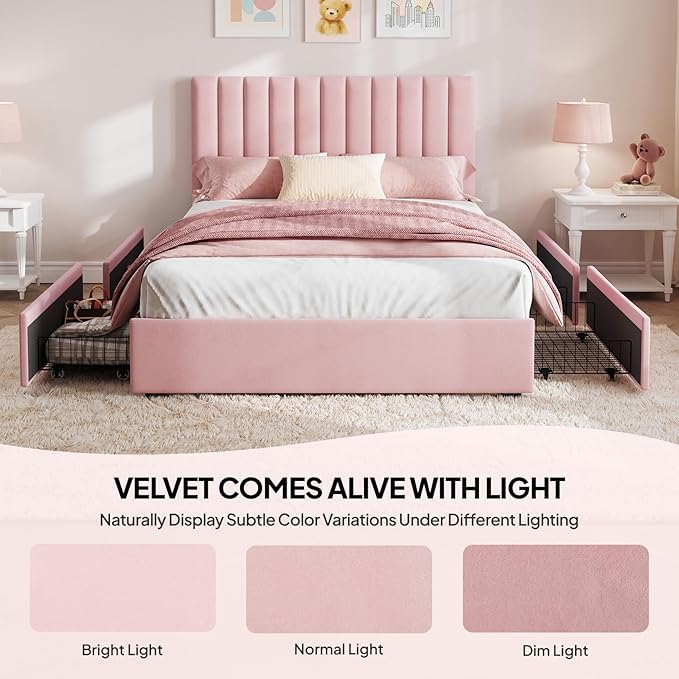 Welzona Full Size Upholstered Bed Frame with 4 Storage Drawers, Velvet Upholstered Metal Platform Bed with Vertical Tufted Headboard, 3-Level Height, Metal Slat Support, Noise-Free Easy Assembly, Pink