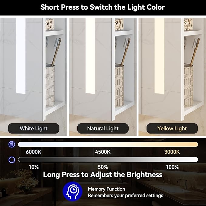 YOURLITE Bathroom Medicine Cabinet Mirror with Storage, Wall Mounted Bathroom Mirror Cabinet with LED Lights, Anti-Fog, 3 Lighting Modes, Adjustable Brightness, Adjustable Shelves