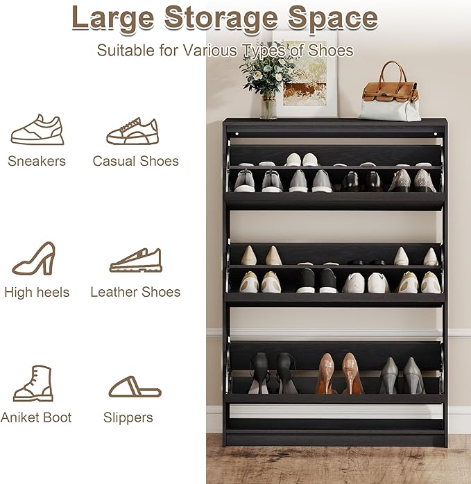 Shoe Cabinet with 3 Flip Drawers, 31.5" W Narrow Shoe Storage Cabinet for Entryway, Slim Shoe Organizer with Adjustable Shelves, Freestanding Shoe Rack for Hallway, Living Room, Black