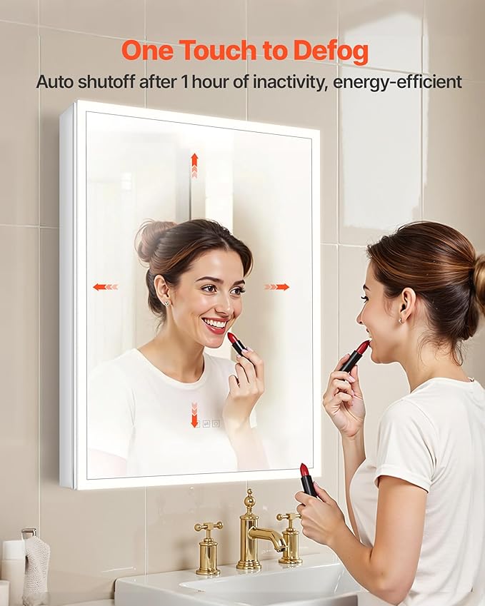 VEVOR Lighted Medicine Cabinet with Mirror, 24 x 32 in Recessed or Wall Mount, 3 Color Dimmable LED Bathroom Medicine Cabinet with Magnifying Mirror, Adjustable Shelve Storage, Memory Defog Function