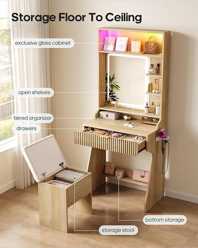 HAUOMS Small Vanity Desk with Mirror and Lights, Sound Sync LED Lights, Fluted Wood Compact Makeup Vanity Table Set with Teddy Fleece Chair, Storage Drawer, Shelves, Bedroom (Oak)