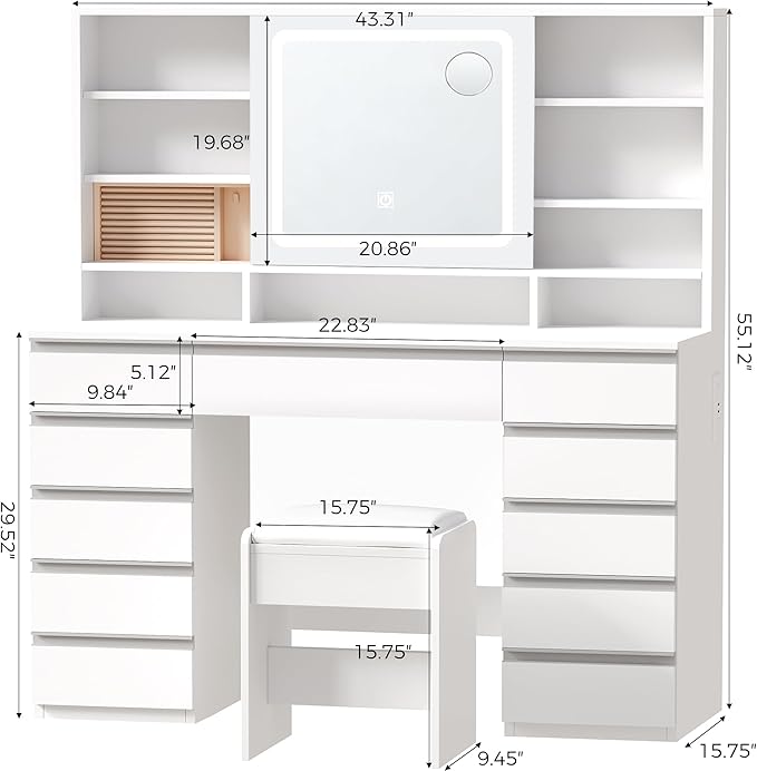 ANWBROAD 43'' Large Vanity Desk with Sliding Mirror and Lights, Makeup Vanity Table with Jewelry Organizer,11 Drawers,6 Shelves, 3Color Lights Makeup Desk with Stool and Power Outlet for Girls UBDT98X