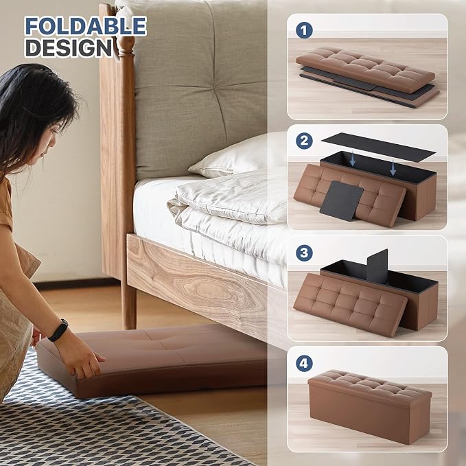 MoNiBloom 43 Inch Storage Ottoman Bench, 34 Gal. Folding Ottoman Footrest, End of Bed Bench, Rectangle Foot Stool, Supports 600 lbs, for Bedroom, Living Room, Entryway, Hallway, Brown