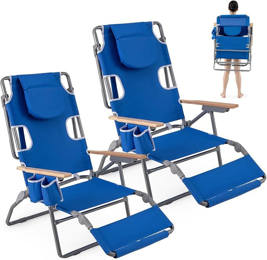 Goplus 3-in-1 Foldable Beach Chair, Lay-Flat Tanning Chair with Face and Arm Holes, Footrest, 330 lbs Heavy-Duty Portable Reclining Lounge Chairs for Outside, Camping, Patio, Poolside, Lawn (2,Navy)