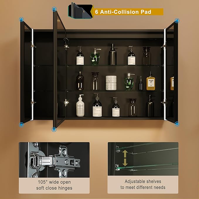 KWW LED Lighted Bathroom Medicine Cabinet with Sockets & USBs, Defogger, Dimmable, 3 Color Light Makeup Mirror, Easy to Install, Wall Mounted Cabinet (3 door-41 * 28)