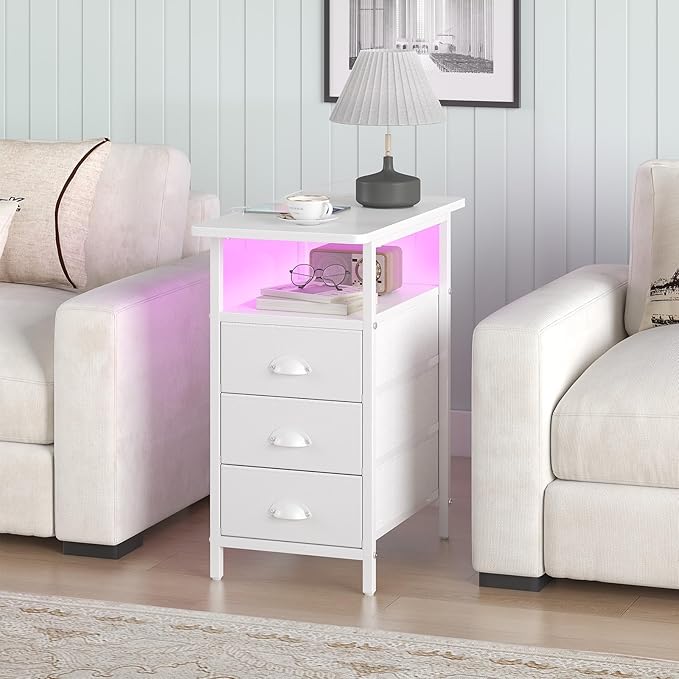 sthmec End Table with Charging Station,LED Side Tables with USB Ports and Outlets,Narrow Nightstands Bedside Tables with 3 Drawers PU Finish for Small Space,Slim Sofa Table for Livingroom,White