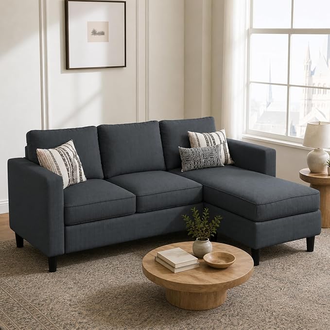 Nuturelly Convertible Sectional Sofa Couch with Movable Ottoman, 3-Seater Modern L-Shaped Sofa for Small Spaces, Soft Fabric Couch for Living Room, Small Apartment & Office(Gray)