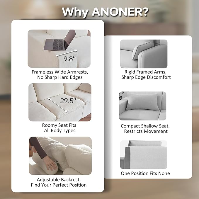 ANONER 78" Loveseat Sofa, Deep Seats, Cloud Sectional Couches for Living Room, 2 Seater Boneless Couch, Modern Modular Loveseats, No Assembly, Beige