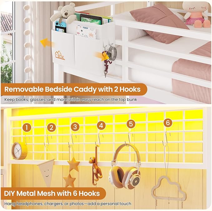 DICTAC Twin Size Loft Bed with L-Shaped Desk and 7 Storage Drawers,Metal Twin Loft Bed for Kids with LED Lights & Charging Station,Girls loft beds with 13.11" H Safety Guardrail and Stair,White+Pink
