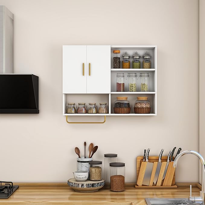 Bathroom Wall Cabinet Wood Large Wall Mounted Medicine Cabinet with 2 Doors and 4 Open Shelves Over Toilet Storage Cabinet Organizer with Towel Bar,White
