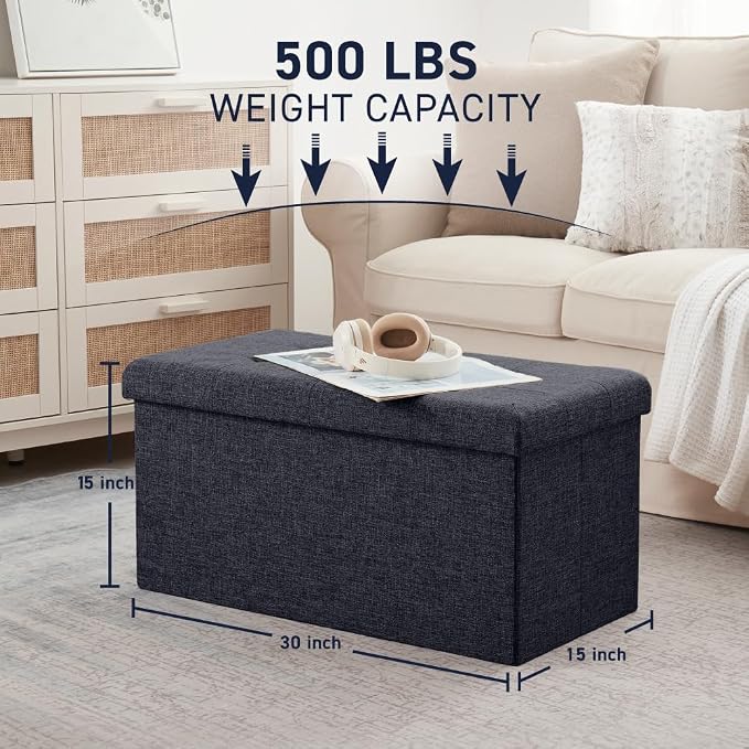 Ornavo Home Foldable Tufted Linen Large Storage Ottoman Bench Foot Rest Stool/Seat - 15" x 30" x 15" (Black)