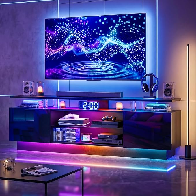 70” High-Glossy TV Stand with 2 Side Cabinets, Modern Stylish TV Console with 3 Layer LED Lights,Gaming TV Media Console with Adjustable Glass Shelf, Remote&APP Control, Black