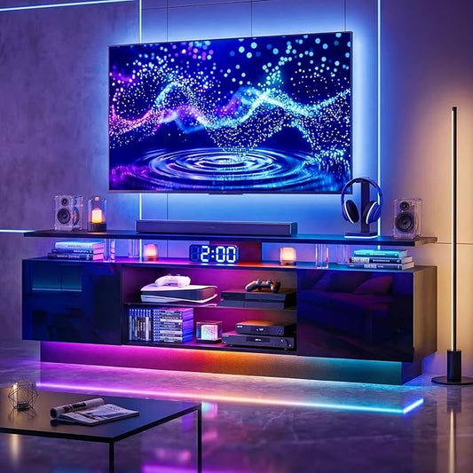 70” High-Glossy TV Stand with 2 Side Cabinets, Modern Stylish TV Console with 3 Layer LED Lights,Gaming TV Media Console with Adjustable Glass Shelf, Remote&APP Control, Black