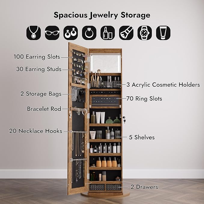Zamildon's LED Mirror Jewelry Armoire, 360° Swivel Mirrored Jewelry Storage Cabinet with Interior LED Lights, Full Length Mirror Floor Standing Jewelry Organizer with Storage Shelves (Rustic Brown)