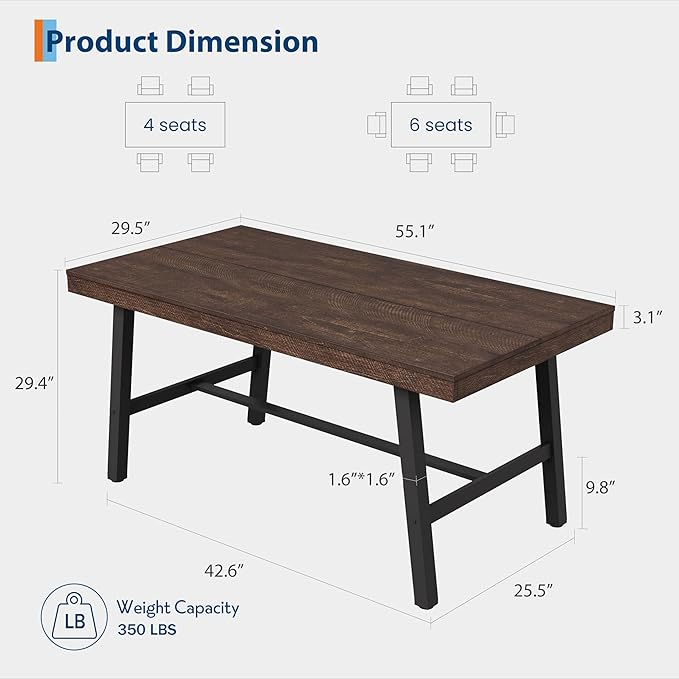 GarveeHome Industrial Dining Table for 2-4, 55" Heavy Duty Rectangular Kitchen Table with 2"×2" Metal Legs, Small Space Dining Table for Kitchen, Dining Room (Rustic Birch, 55" Non-extendable)