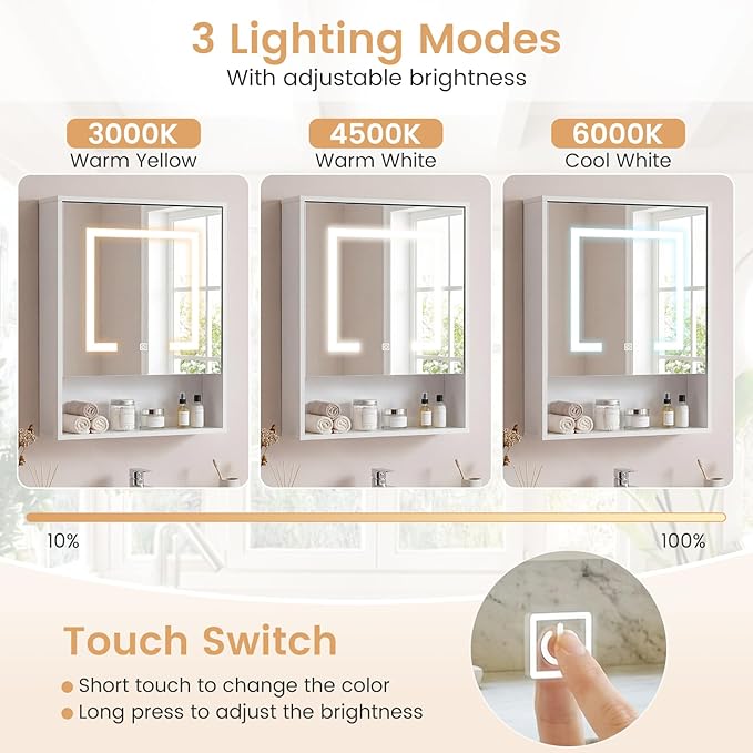 Giantex 24"x18" Medicine Cabinet with Mirror and Lights, Recessed or Wall Mounted LED Bathroom Wall Cabinet, Modern Storage Organizer with 3 Color Lights and Adjustable Shelf (White)