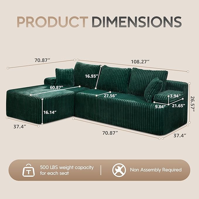 Hobestluk Modular Sectional Sofa Boneless Couch L-Shape Couch 3 Seat Modular Couch Memory Foam Sectional Couches for Living Room Furniture, Cloud Couch with Oversized Chaise (108" Left Facing Chaise)