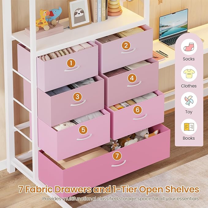 DICTAC Twin Size Loft Bed with L-Shaped Desk and 7 Storage Drawers,Metal Twin Loft Bed for Kids with LED Lights & Charging Station,Girls loft beds with 13.11" H Safety Guardrail and Stair,White+Pink