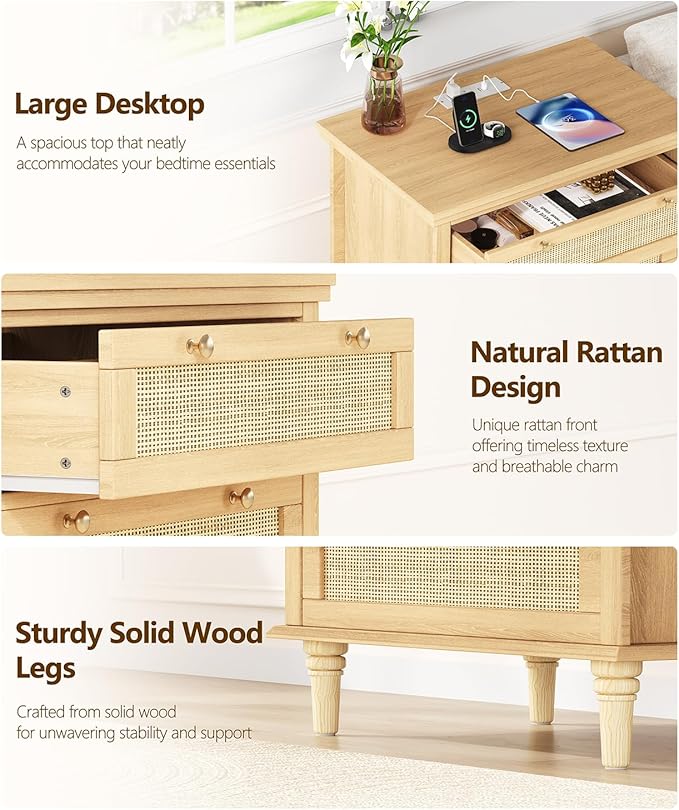 Keehusux Night Stand with 3 Large Storage Drawers, 26.8" H Rattan Nightstand with Charging Station, Boho Bedside Table with Round Handles, Wooden End Table for Bedroom, Natural Oak KES008MECTG