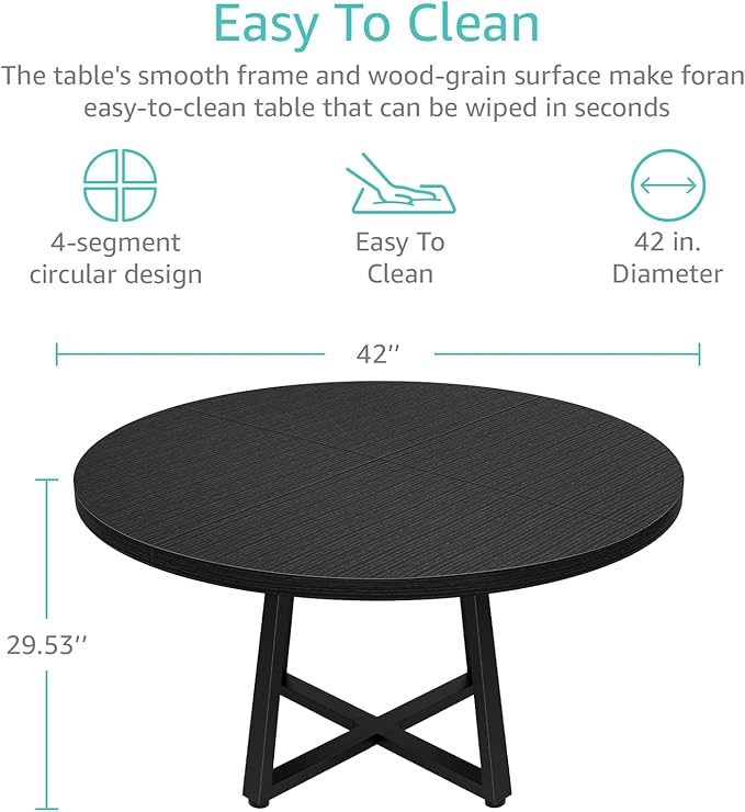 NUTIKAS 42 Inch Round Dining Table for 4, Modern Black Wood Grain Kitchen Table with Cross Metal Legs, Circular Industrial Dinner Table for Small Spaces, Breakfast Nook, Apartment, Office