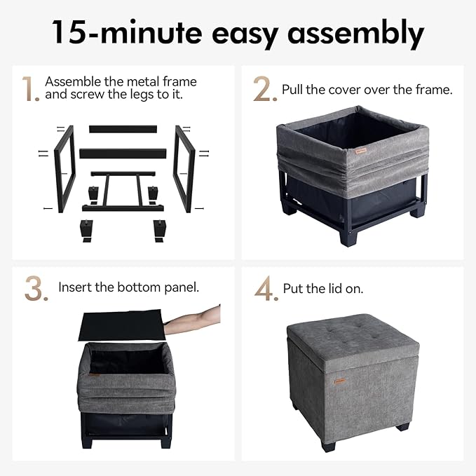 ABHENG Chenille Cover Steel Frame Ottoman with 48L Storage,17.7" x 17.7" x 17.7" Square Linen Storage Ottoman Stool Cube with Legs,for Dorm Livingroom Gray UASND641G