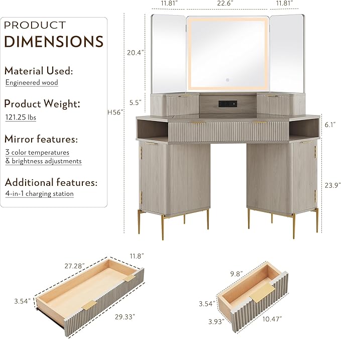 T4TREAM 48" Fluted Makeup Vanity Desk with HD Triple Mirror and Lights, Large Lighted Corner Vanity with Glass Top, Modern Dressing Table with 3 Drawers & 2 Cabinets for Bedroom, White Alder