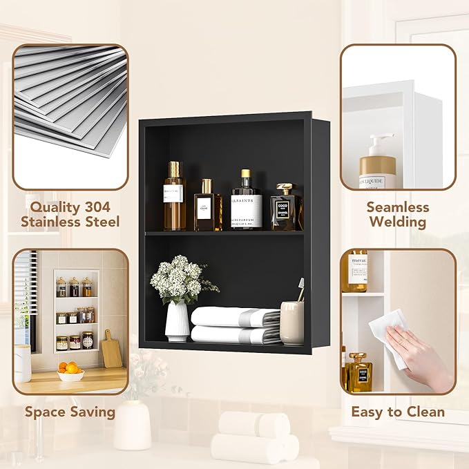 14x18 Recessed Medicine Cabinet, Bathroom Wall Cabinet, 304 Stainless Steel Recessed Wall Niche with 2-Tiers Shelves, Matte Black