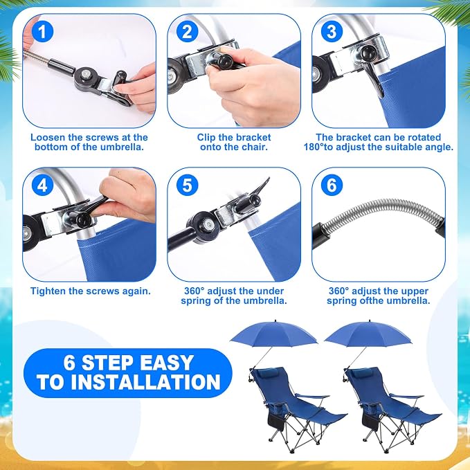 Yuntau 2 Set Reclining Beach Chairs with UPF 50+ Umbrellas Shade, Upgraded Heavy Duty Portable Folding Lounge Camping Chair with Canopy Removable Footrest & Headrest for Outdoor Patio(Blue)