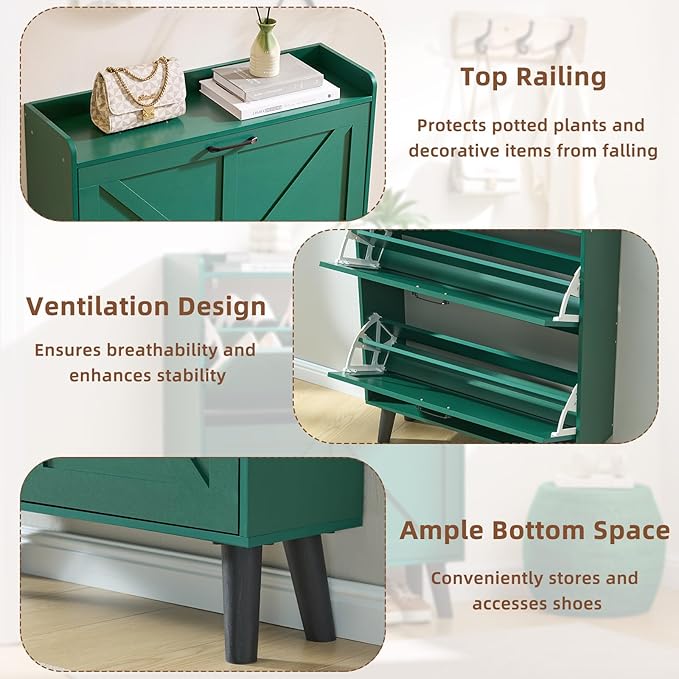 LEYAOYAO Shoe Cabinet Storage for Entryway with 2 Flip Drawers Rack Narrow Organizer Slim Hidden Wood Shoe Cabinet Furniture Green