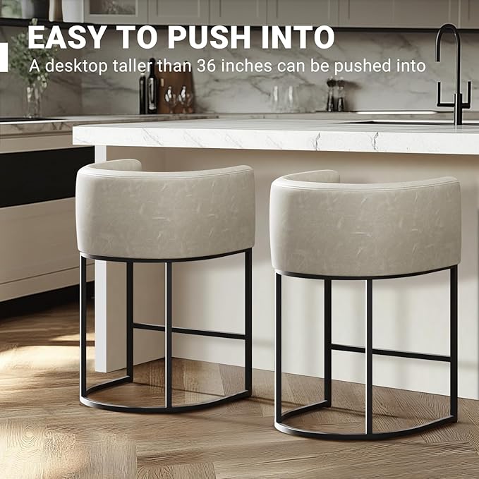 26" H Counter Height Bar Stools Set of 1, Modern Barrel Counter Stools with Backrest and Arms, Faux Leather Upholstered Accent Barstools for Kitchen Island,Support 450 LBS (Grayish White)