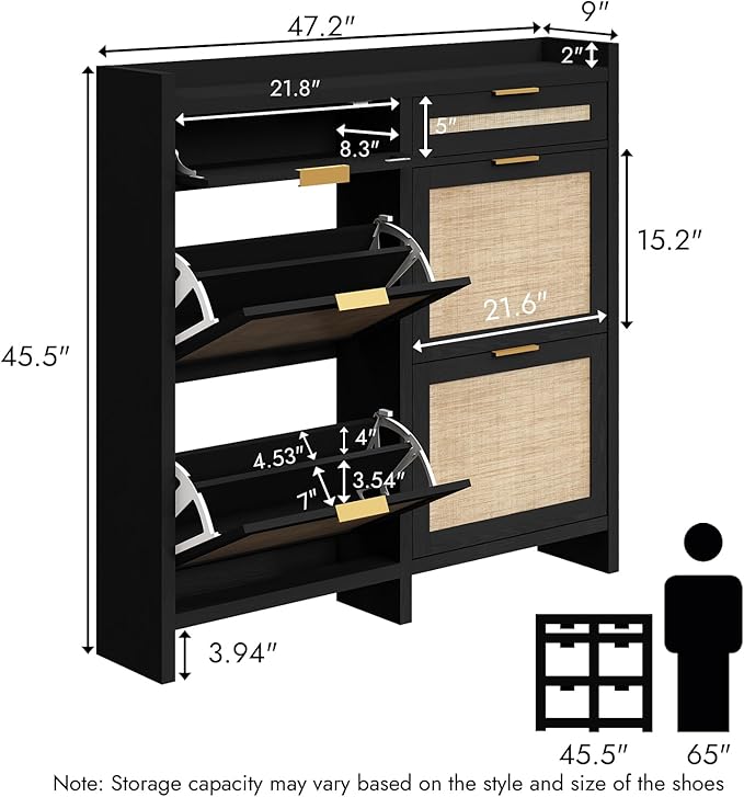 HOKYHOKY Large Rattan Shoe Storage Cabinet with 4 Flip Drawers & 2 Storage Drawers – Hidden Slim Shoe Organizer for Entryway, Large Tabletop Space, Farmhouse Boho Narrow Shoe Rack, Rustic Black
