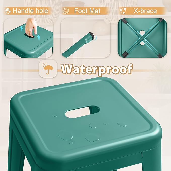 Furmax 30 Inch Metal Bar Stools Set of 4, Counter Height Stools, Industrial Bar Chairs Patio Stool Stackable Stool for Kitchen/Dining Room/Indoor Outdoor(Green, 30'' Backless)