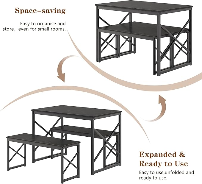VECELO 43.3" Kitchen Dining Table Set for 4, Heavy-Duty Steel Frame & Wood-Grain Tabletop, Space-Saving Dinette Sets with 2 Benches for Breakfast Nook and Small Space, Black