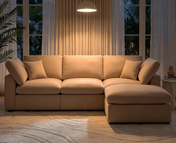 Modular Cloud Sectional Couches for Living Room, Large Modular Sectional Sofa with Ottoman, L Shaped 3 Seater Couch with Pillow, Beige - Chenille