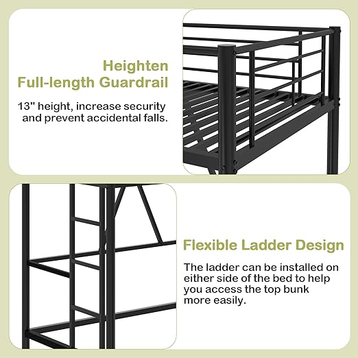 VECELO Metal Loft Bed Twin Size, Heavy Duty Bedframe with Removable Ladder and Safety Guardrail, Space-Saving, Noise Free, No Box Spring Needed, Matte Black