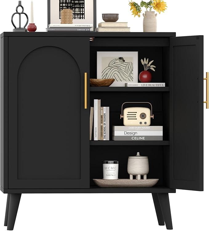 Keehusux 15.7" D Black Buffet Cabinet with Storage, Accent Buffet Sideboard with Adjustable Shelf and Solid Wood Legs, Modern Floor Storage Cabinet for Kitchen, Living Room, Black