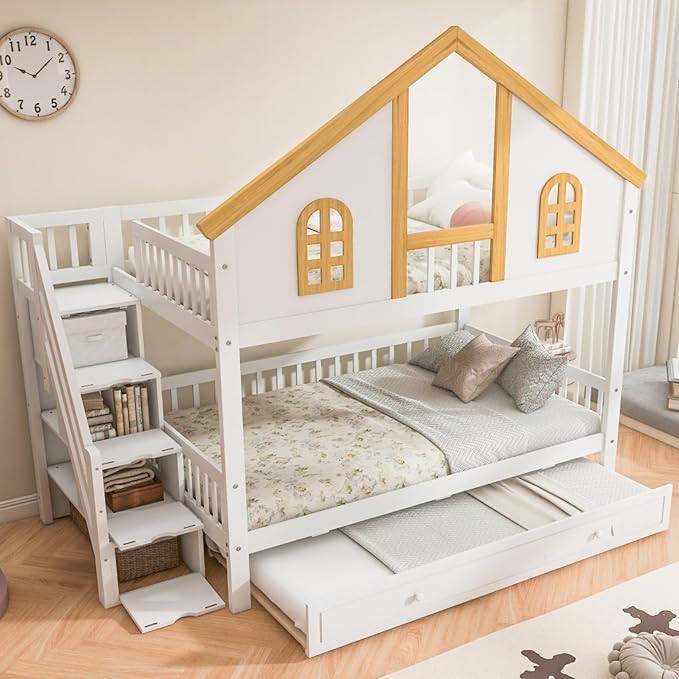 Full Over Full Bunk Bed with Trundle and Storage Stairs, House Triple Bunk Castle Bed with Roof and Windows, Bookshelf, Space Saving for Kids, Boys, Girls, Adults, White