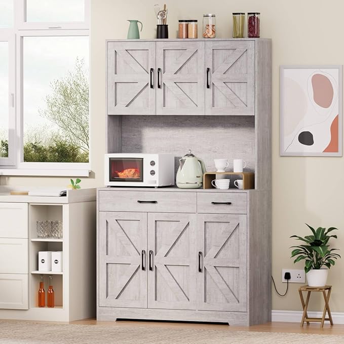 71" Kitchen Pantry Cabinet with Charging Station, Pantry Storage Cabinet Large Kitchen Hutch with Microwave Stand, Coffee Bar Station with Doors and Adjustable Shelves for Kitchen, Grey