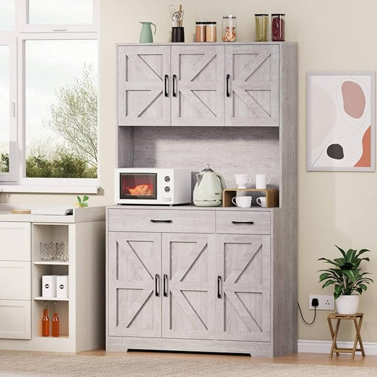 71" Kitchen Pantry Cabinet with Charging Station, Pantry Storage Cabinet Large Kitchen Hutch with Microwave Stand, Coffee Bar Station with Doors and Adjustable Shelves for Kitchen, Grey